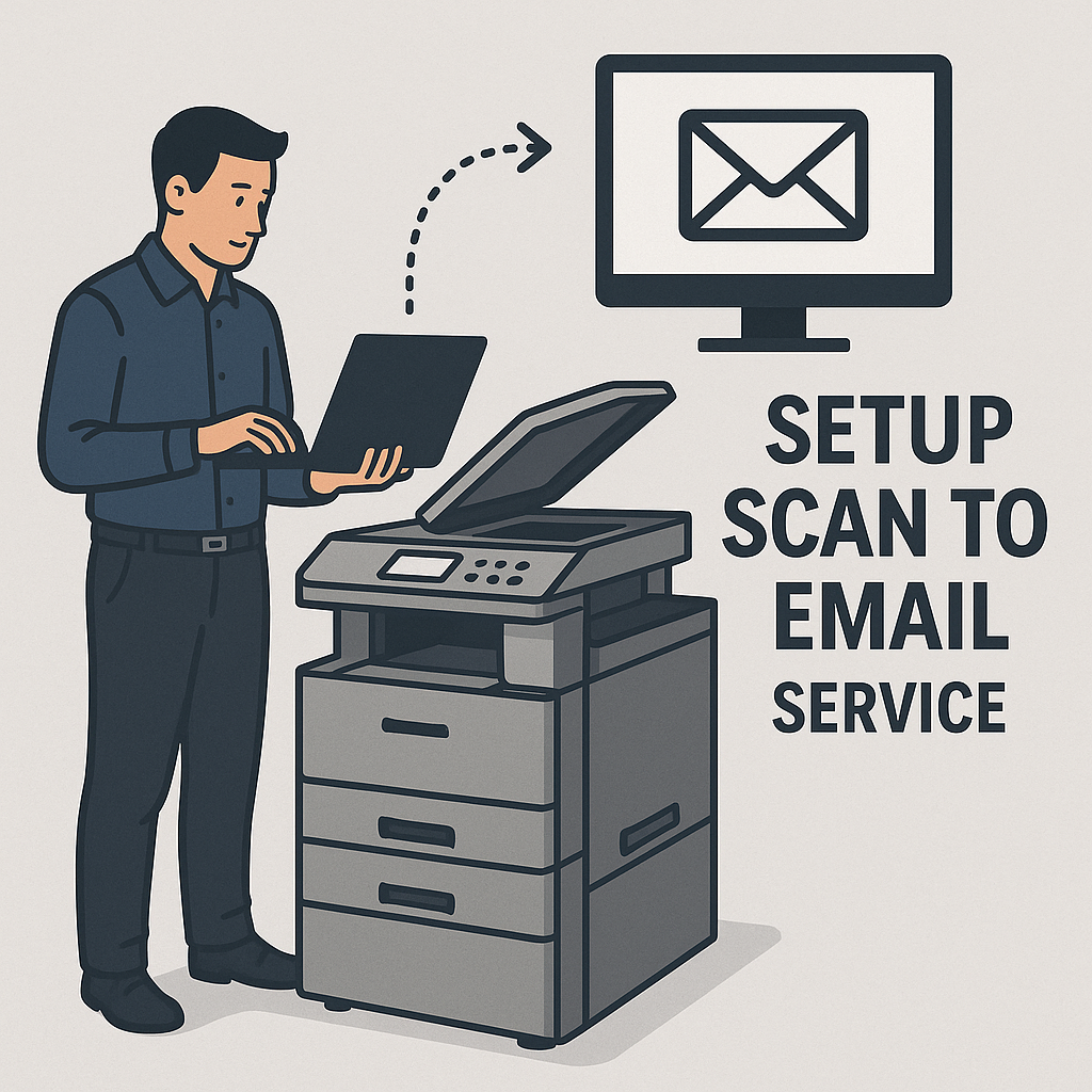 Professional technician setting up scan-to-email service for office copier